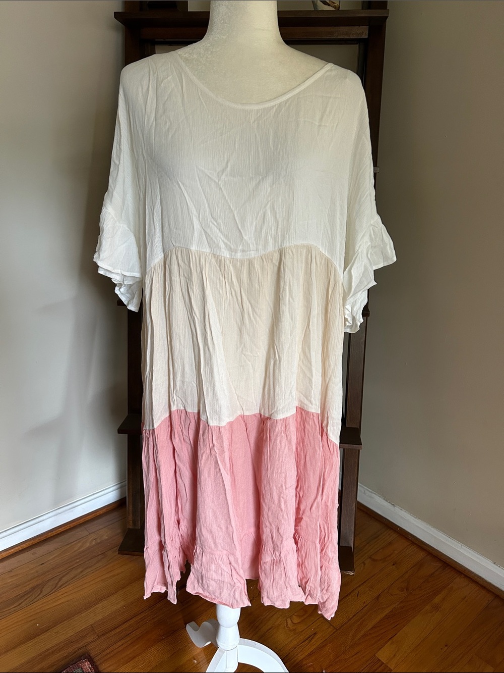 Women’s Colorblock Casual Midi Dress - White, Cream & Pink